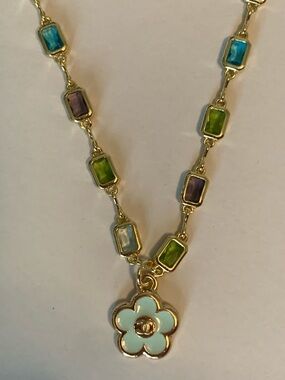 Gold-Tone Multicolor Gemstone Necklace with Light Blue Flower Pendant